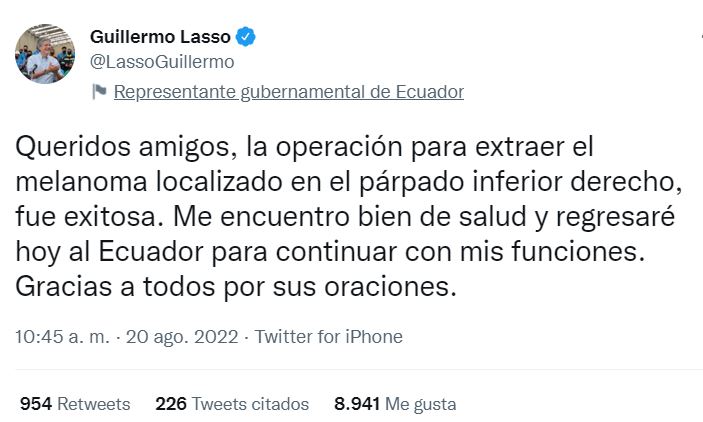 Tuit de Lasso diciendo que regresa al Ecuador